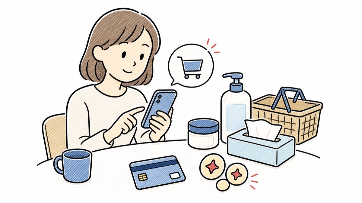 日用品をまとめ買いしてポイントをためるイメージ