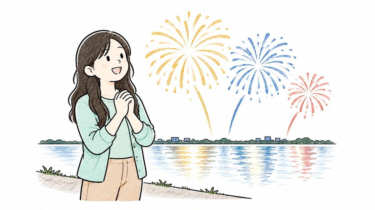 川沿いで花火を楽しむFさんのイメージ