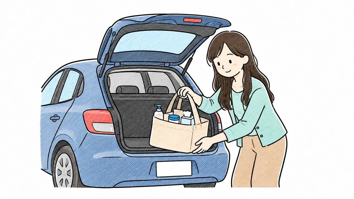 日用品の買い物袋を車に積むFさんのイメージ