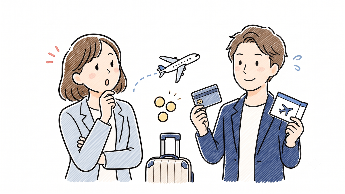 社内で旅行とマイルについて雑談しているイメージ